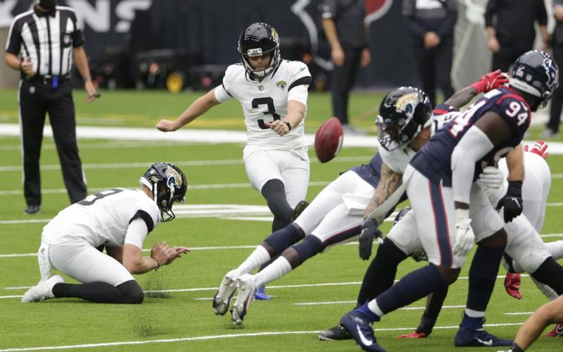 Jacksonville Jaguars kicker Stephen Hauschka (3) misses a field goal attempt against the Houston Texans this past Sunday in Houston. (MICHAEL WYKE/Associated Press)