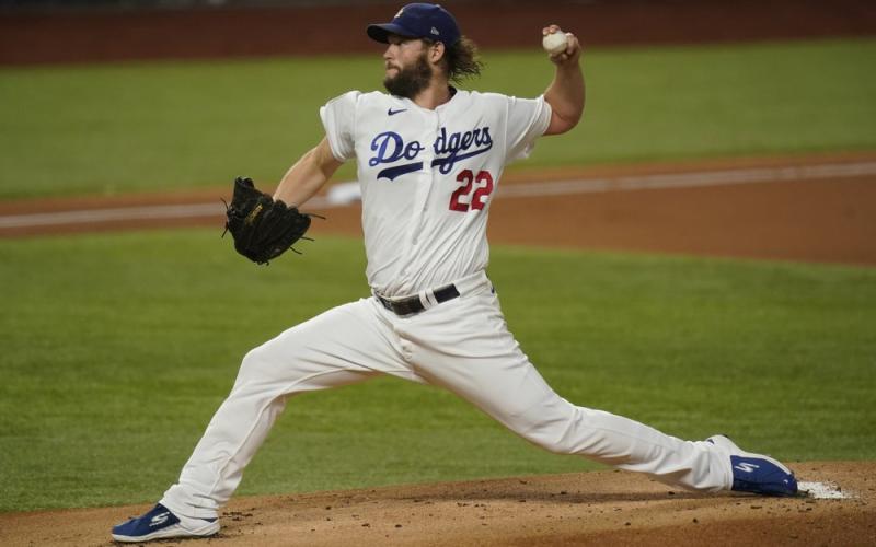 Los Angeles Dodgers starting pitcher Clayton Kershaw throws against the Tampa Bay Rays during the first inning in Game 1 of the World Series on Tuesday in Arlington, Texas. (ERIC GAY/Associated Press)