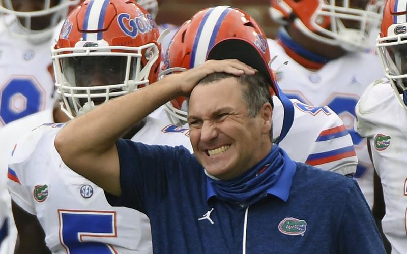 Florida head coach Dan Mullen reacts during a game against Mississippi on Sept. 26 in Oxford, Miss. (AP FILE PHOTO)
