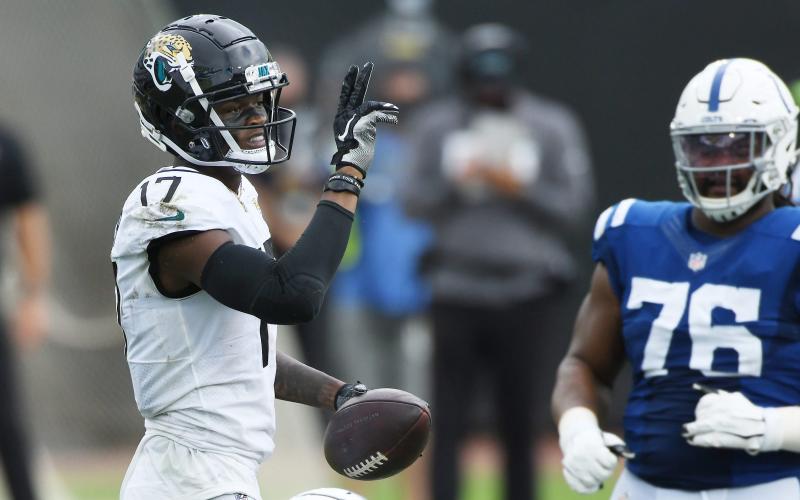 Jaguars wide receiver D.J. Chark (17) celebrates after a first down against Indianapolis in Week 1. Chark is scheduled to return to the Jaguars' lineup Sunday against Cincinnati. (BOB SELF/TNS)