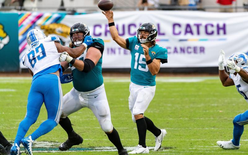 Jacksonville Jaguars quarterback Gardner Minshew (15) throws a pass against the Detroit Lions at TIAA Bank Field on Sunday in Jacksonville. (TRIBUNE NEWS SERVICE)