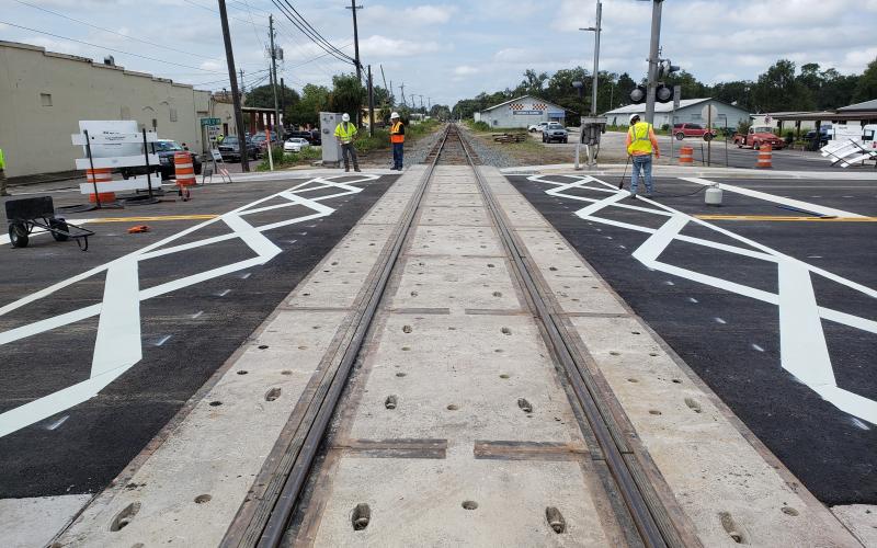 The railroad crossing surface at U.S. Highway 129 in downtown Live Oak after work was completed in September. Additional improvements will be made Monday and Tuesday, leading to single lane closures. (COURTESY)