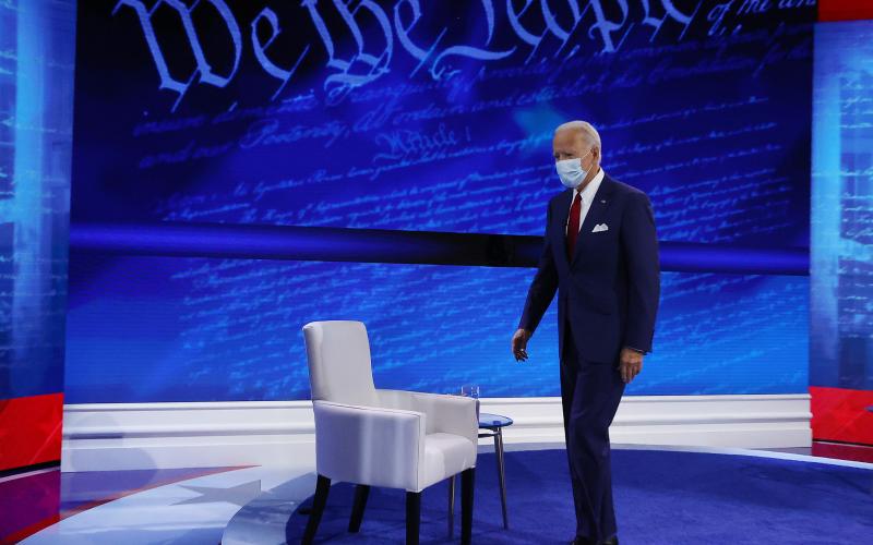 Democratic presidential nominee Joe Biden participates in a town hall format meeting with ABC News' George Stephanopoulos at the National Constitution Center in Philadelphia on Thursday. (CHIP SOMODEVILLA/Getty Images/TNS)