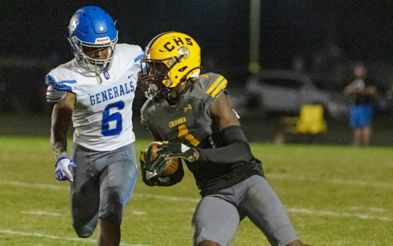 Columbia cornerback Shyheim Brown returns a kickoff against Lee on Friday night. (RAY CARPENTER PHOTOGRAPHY)