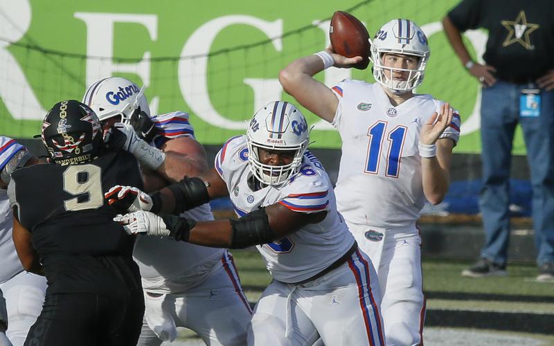 Florida Gators quarterback Kyle Trask throws a pass against the Vanderbilt Commodores last Saturday in Nashville, Tennessee. Florida won, 38-17. (FREDERICK BREEDON/Getty Images/TNS)