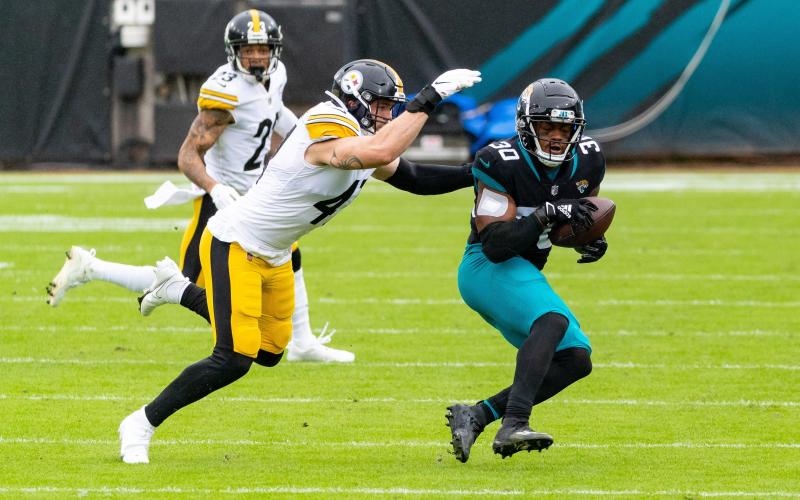 Jacksonville Jaguars running back James Robinson (30) catches a pass against the Pittsburgh Steelers at TIAA Bank Field on Sunday in Jacksonville. (MATT PENDLETON/TNS)