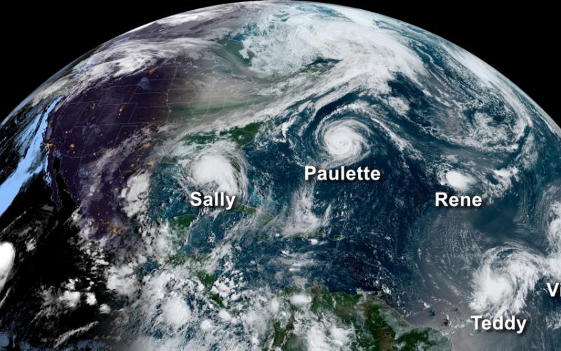 An image from a NOAA satellite on Sept. 14 shows five tropical systems spinning in the Atlantic basin at one time. In all, a record 10 named storms formed in September 2020. (NOAA)