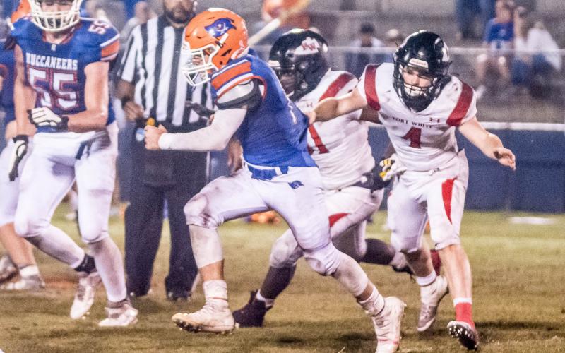 Fort White linebacker Colby Holton goes in for a tackle against Branford in last Friday’s Region 3-1A quarterfinal. (CHRISTINA FEAGIN/Special to the LCR)