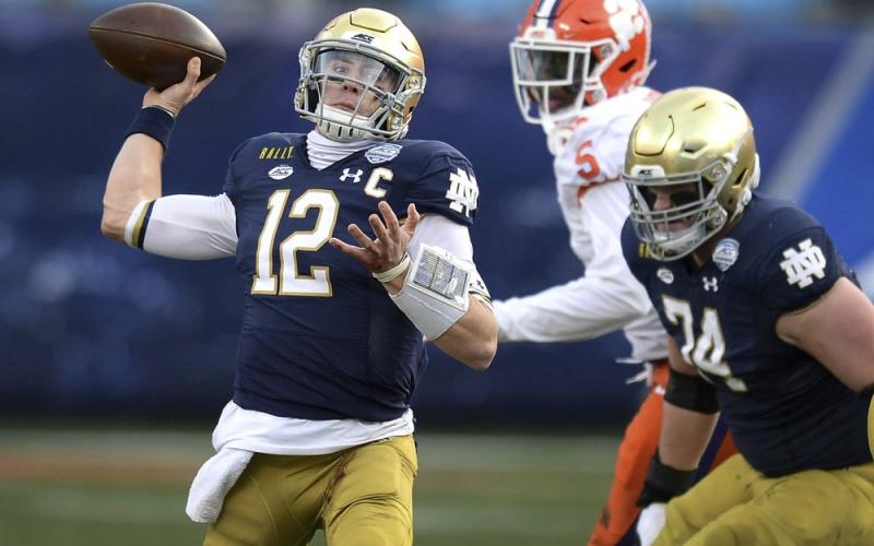 Notre Dame quarterback Ian Book throws a pass against Clemson during the Atlantic Coast Conference championship on Saturday in Charlotte, N.C. (JEFF SINER/The News &amp; Observer via AP)
