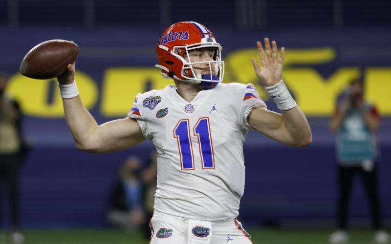 Florida quarterback Kyle Trask throws a pass during the first half of the team's Cotton Bowl game against Oklahoma in Dec. 30 Arlington, Texas. (RON JENKINS/Associated Press)