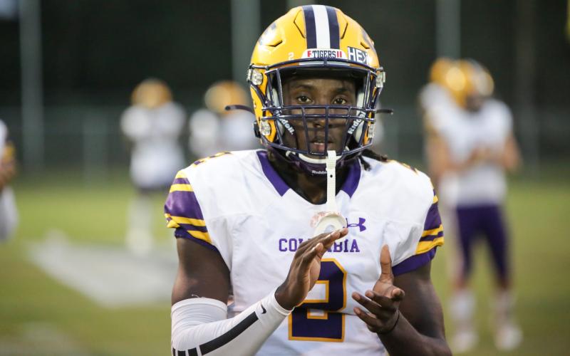 Columbia receiver Jaden Williams warms up before a game against Wakulla on Oct. 23. Williams decommitted from Western Michigan on Tuesday. (BRENT KUYKENDALL/Lake City Reporter)