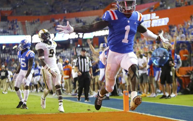 Florida receiver Kadarius Toney (1) celebrates a touchdown against Missouri on Oct. 31 in Gainesville. (BRAD MCCLENNY/AP File Pool Photo)