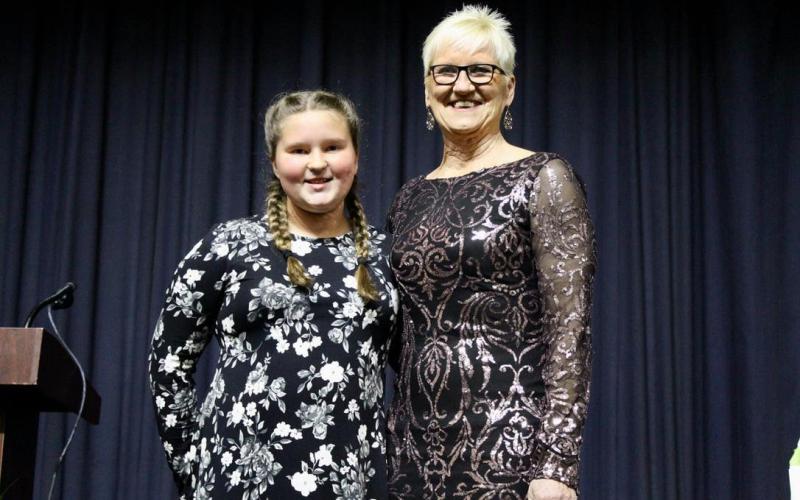 Suwannee Springcrest Elementary School’s Becky Skipper (right) was named the Suwannee County School District’s Teacher of the Year on Tuesday. Skipper was introduced by former student Makenzie Williams. (COURTESY SUWANNEE COUNTY SCHOOL DISTRICT)