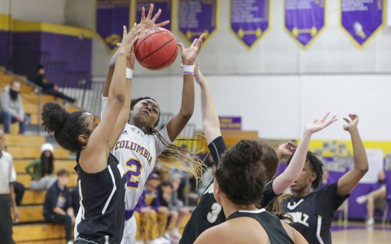 Columbia guard Na’Haviya Paxton is fouled by Buchholz forward Alicia Bryant during Friday’s District 2-6A championship game. (BRENT KUYKENDALL/Lake City Reporter)