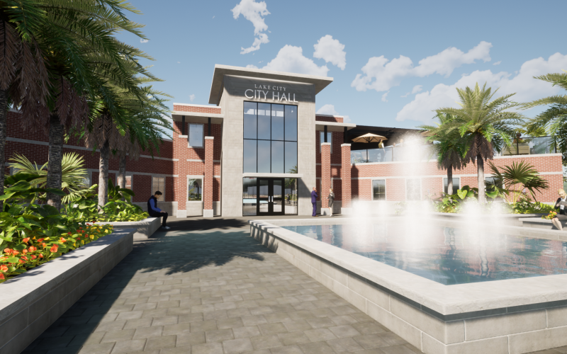 A conceptual drawing of a new Lake City Hall from Passero Associates, which will be presenting four options for the construction of a new city hall to city officials at Tuesday’s City Council meeting. (COURTESY)