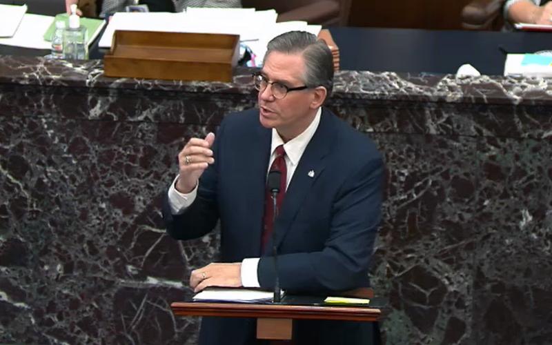 In this screenshot taken from a congress.gov webcast, Bruce Castor Jr., defense lawyer for former President Donald Trump, speaks on the fourth day of Trump’s second impeachment trial at the U.S. Capitol on Friday in Washington, DC. (CONGRESS.GOV/Getty Images/TNS)