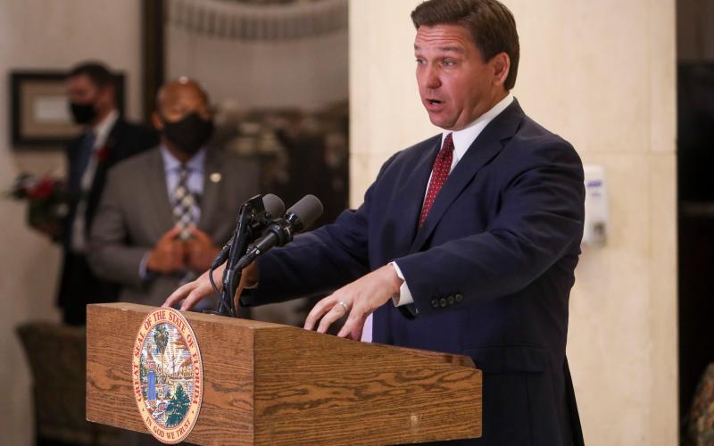 Gov. Ron DeSantis speaks during a press conference following the State of the State address during the joint session of the Florida Legislature at the Capitol in Tallahassee on March 2. (IVY CEBALLO/Tampa Bay Times/TNS)