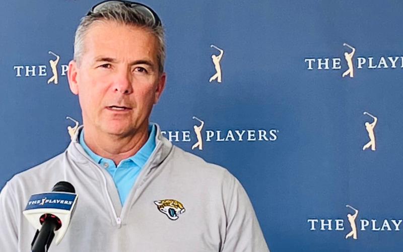 Jaguars coach Urban Meyer visited the Stadium Course at TPC Sawgrass on Friday during the second round of The Players Championship. (GARRY SMITS/Florida Times-Union/TNS)