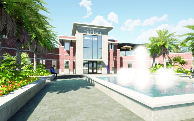 An artist’s rendering of the new Lake City Hall. The city council unanimously approved a proposal Monday night for a smaller new building while utilizing existing structures for city departments. (COURTESY)