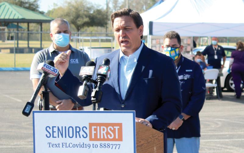 Florida Gov. Ron DeSantis speaks at an event held at Southside Sports Complex on March 11. (TONY BRITT/Lake City Reporter)