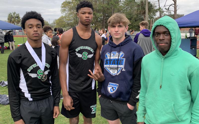 Suwannee’s 4x400 relay team placed third at the Santa Fe Invitational on Saturday. Pictured are Ahman Philmore (from left), Brian Fuery, Garrison Beach and Brandon Pratt. (COURTESY)