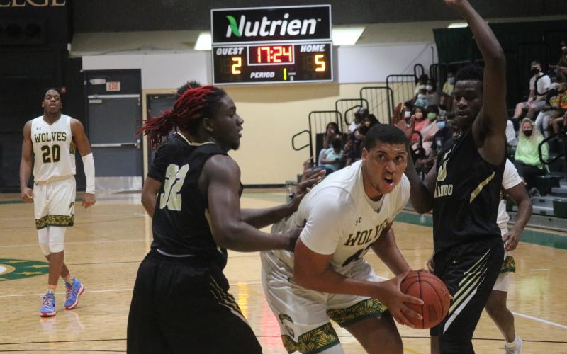 FGC center Jarrett Gardner looks to shoot as Pasco-Hernando State College forward Orien Adams (30) and center David Battle (3) defend during Saturday's FCSAA Region 8 Division II Championship at the Howard Center. (JORDAN KROEGER/Lake City Reporter)