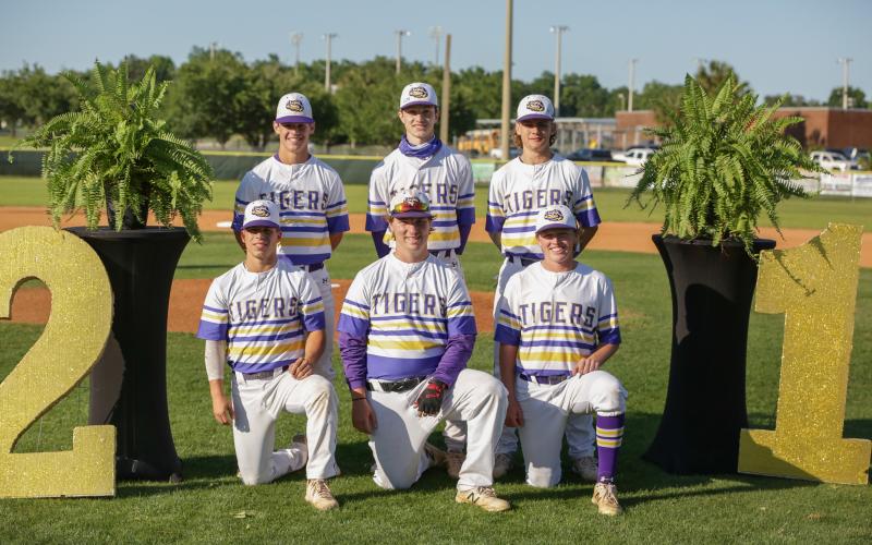 Columbia seniors Mason Gray (back row going clockwise), Bryant Green, Parker Steele, Ty Wehinger, Reagan McCormick and Cole Williams were honored for Senior Night prior to Thursday’s game against Hamilton County. (BRENT KUYKENDALL/Lake City Reporter)