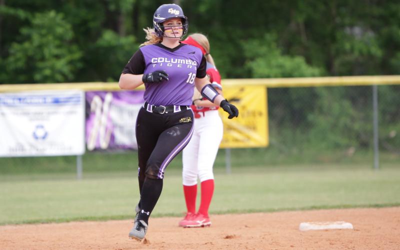 Columbia infielder Reece Chasteen heads toward third base during Friday’s game against Bradford. (BRENT KUYKENDALL/Lake City Reporter)