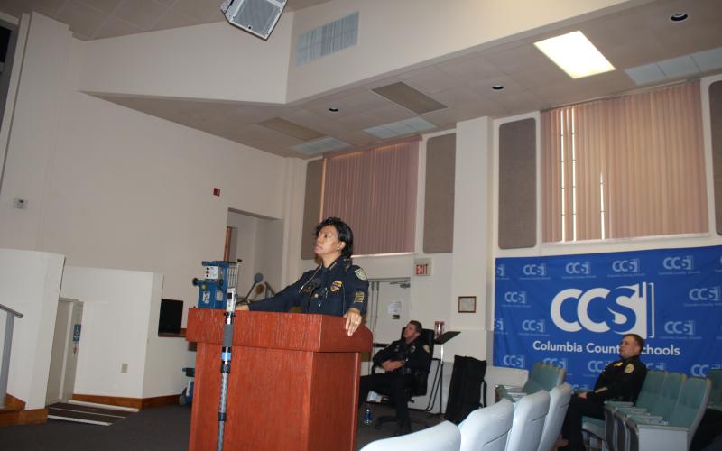 Lake City Police Chief Argatha Gilmore address the Lake City Council during a workshop Monday. (TONY BRITT/Lake City Reporter)