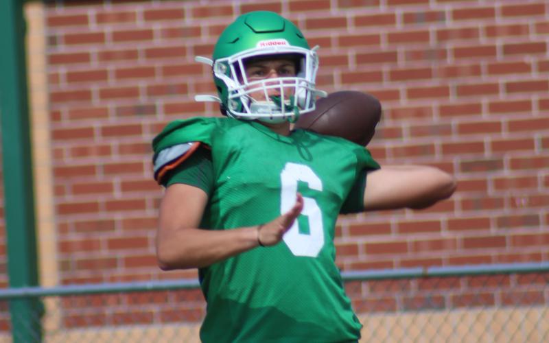 Suwannee quarterback Bronsen Tillotson throws a pass during Thursday’s practice. Tillotson transferred from Columbia this spring. (JAMIE WACHTER/Lake City Reporter)