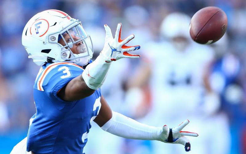 Florida Gators cornerback Marco Wilson (3) dives for a ball against the Auburn at Ben Hill Griffin Stadium on Oct, 5, 2019, in Gainesville. (JAMES GILBERT/Getty Images/TNS)