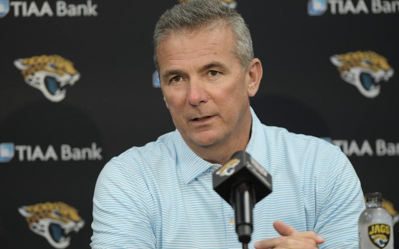 Jaguars head coach Urban Meyer listens to a question during a press conference last Friday at TIAA Bank Field. (BOB SELF/Florida Times-Union/TNS)