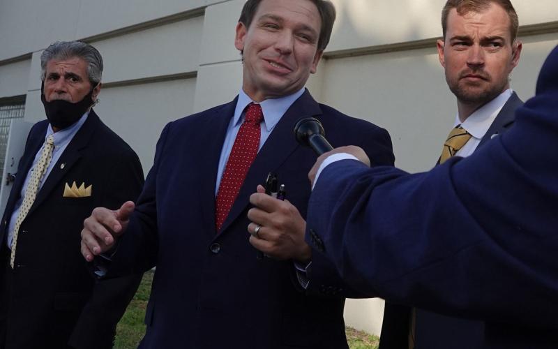 Florida Gov. Ron DeSantis leaves a West Palm Beach rally where he appeared live on "Fox &amp; Friends" to sign a voting reform law on Thursday. (JOE CAVARETTA/South Florida Sun Sentinel/TNS)