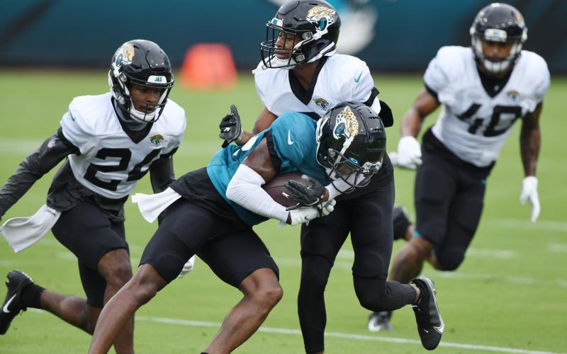 Jacksonville Jaguars receiver Terry Goodwin tries to get past cornerbacks Josiah Scott (24) and Luq Barcoo (3) during drills at in a practice session at TIAA Bank Field on Aug, 29, 2020, in Jacksonville. (BOB SELF/Florida Times-Union)