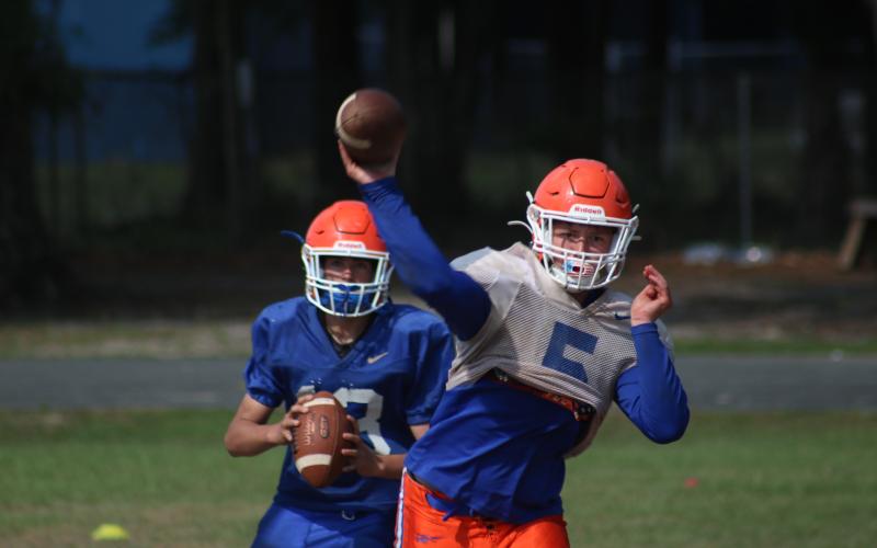 Branford's Kyson Johnson throws a pass during a Branford practice. (JAMIE WACHTER/Lake City Reporter)