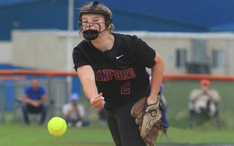 Branford pitcher Laila Arnold unloads a pitch against Taylor County during the Region 3-1A final on Tuesday. (PAUL BUCHANAN/Special to the Reporter)