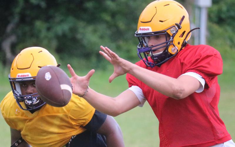 Columbia quarterback Evan Umstead takes a snap during Wednesday’s practice. (JORDAN KROEGER/Lake City Reporter)