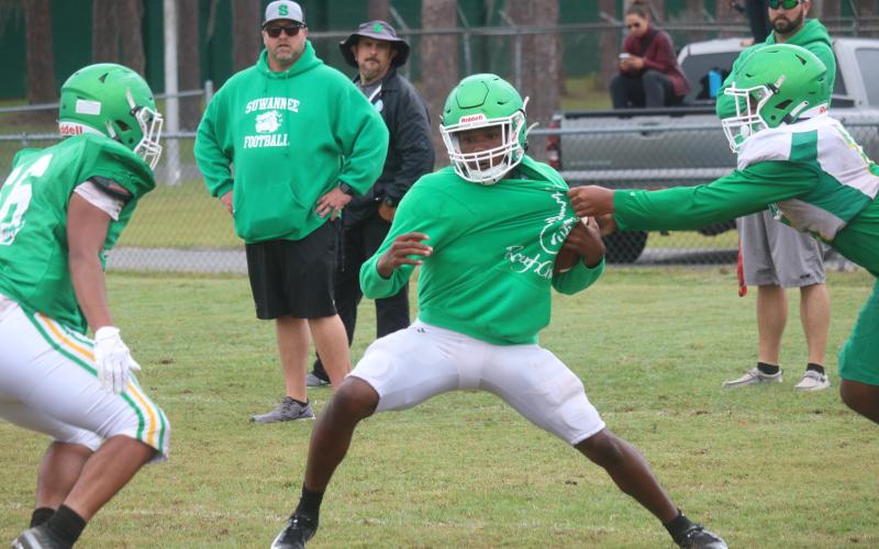 Suwannee running back Malachi Graham gets tackled during Thursday’s practice. (JAMIE WACHTER/Lake City Reporter)