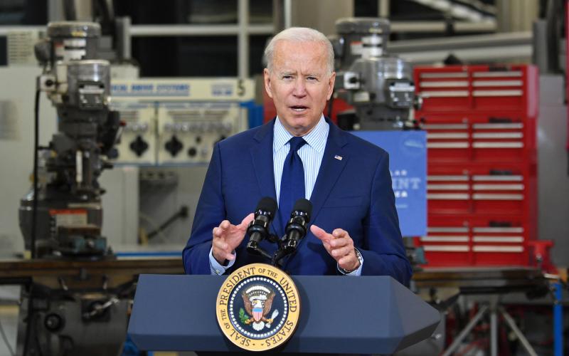 President Joe Biden speaks on the economy at Cuyahoga Community College Manufacturing Technology Center, on Thursday in Cleveland. (NICHOLAS KAMM/AFP/Getty Images/TNS)