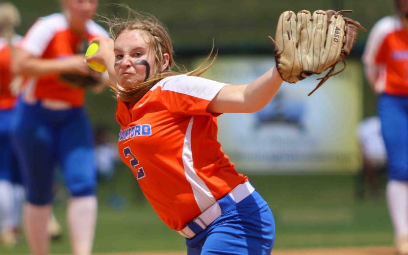 Branford pitcher Laila Arnold winds up to pitch against Trenton in the Class 1A state semifinals on May 17. (WILL TURNER/Special to the Reporter)