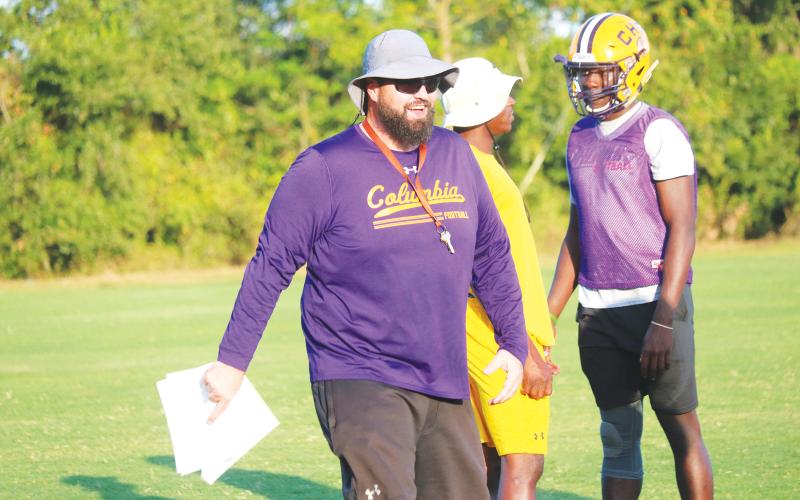 Columbia defensive coordinator John Woodley is pictured during practice in 2019. Woodley has been named the interim football coach after Brian Allen resigned this week. (FILE)