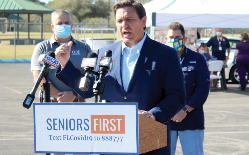 Gov. Ron DeSantis speaks to the media during a morning press conference at Southside Sports Complex on March 11, where he gave an update regarding the state’s covid vaccine effort. (FILE)
