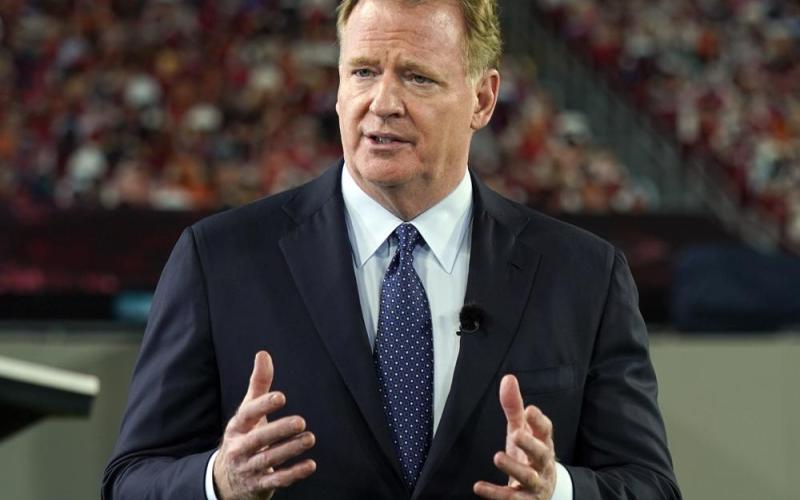 NFL Commissioner Roger Goodell talks during a ceremony as part of Super Bowl 55 on Feb. 5 in Tampa. (AP FILE)