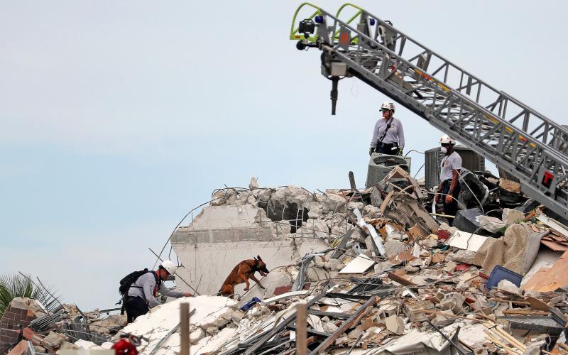 Search and Rescue workers along with K-9 units search the site of the 12-story oceanfront Champlain Towers South Condo, with more than 100 units at 8777 Collins Ave., that partially collapsed around 2 a.m. on Thursday, June 24, 2021 in Surfside. (MIKE STOCKER/South Florida Sun Sentinel/TNS)