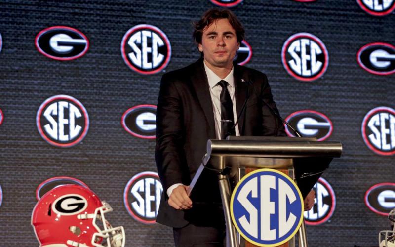 Georgia quarterback JT Daniels speaks to reporters during SEC Media Days on Tuesday in Hoover, Ala. (BUTCH DILL/Associated Press)
