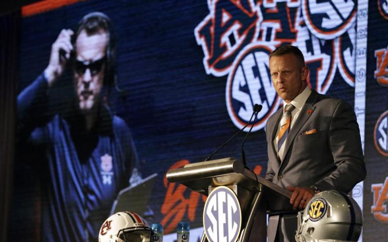 Auburn head coach Bryan Harsin speaks to reporters during SEC Media Days on Thursday in Hoover, Ala. (BUTCH DILL/Associated Press)