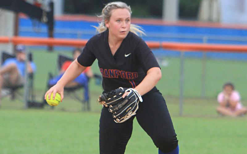 Branford shortstop Cera McElreath throws to first base for an out against Hilliard in the Region 3-1A semifinals on May 6. (PAUL BUCHANAN/Special to the Reporter)