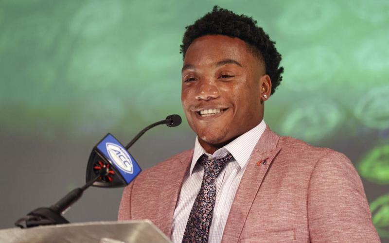 Miami quarterback D'Eriq King answers a question during ACC Kickoff media days on Wednesday in Charlotte, N.C. (NEIL REDMOND/Associated Press)