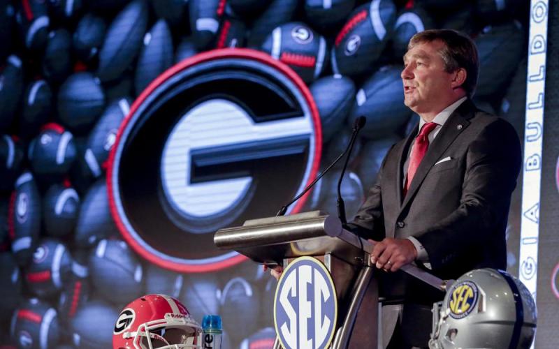 Georgia head coach Kirby Smart speaks to reporters during SEC Media Days on Tuesday in Hoover, Ala. (BUTCH DILL/Associated Press)