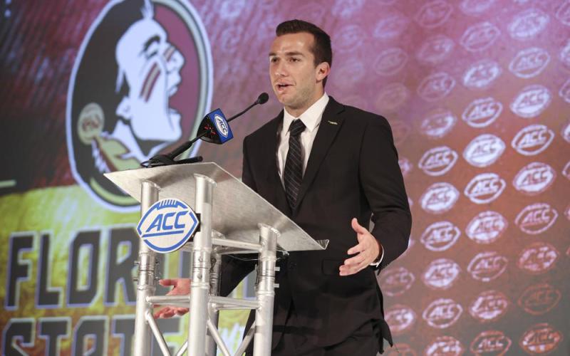 Florida State quarterback McKenzie Milton answers a question during ACC Kickoff media days on Thursday in Charlotte, N.C. (NELL REDMOND/Associated Press)
